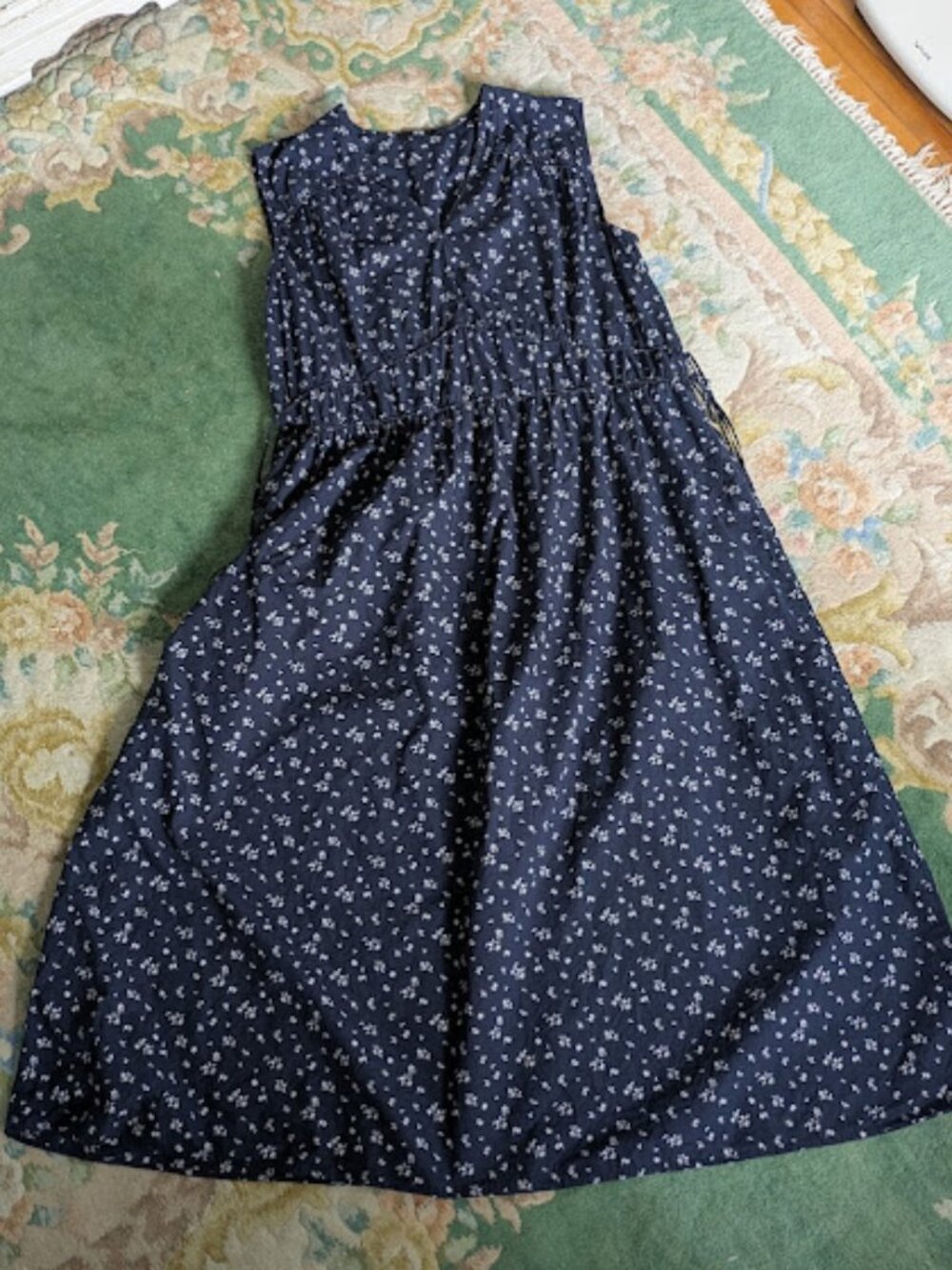 UNIQLO Women XL Dress Floral Navy Blue Cotton Gathered Waist Cotton Pockets Boho